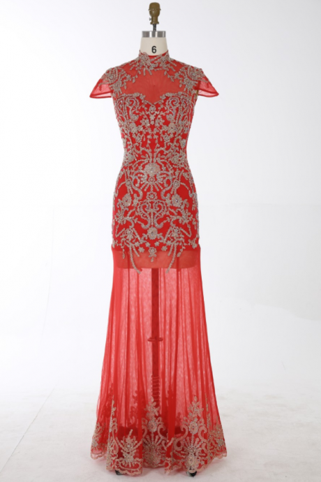 Mermaid High Neck Long Chiffon Cap Sleeves Backless Red Prom Dress With Beading Appliques