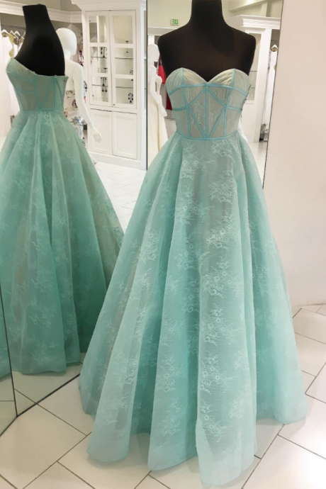 A-line Sweetheart Princess Sweetheart Mint Green Lace Long Prom Dress,floor Length Party Dress,