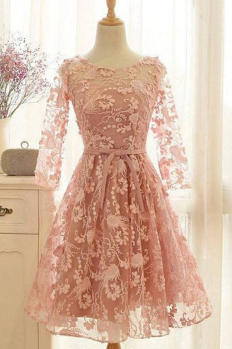 Knee-length Long Sleeves Scoop Dusty Pink Lace Homecoming Gown,A-Line Homecoming Dresses with Belt,Cute Grad Dress,Graduation Dress,Grad Dresses
