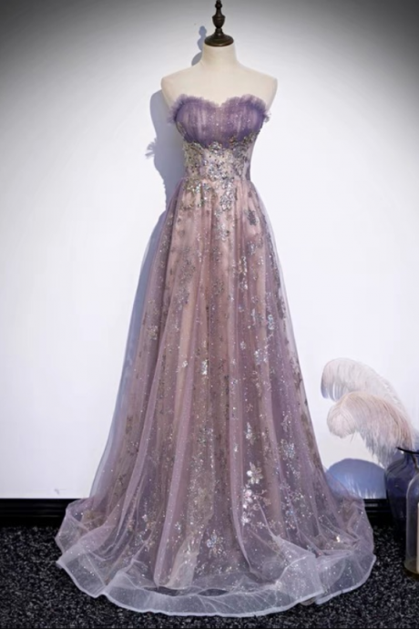Strapless evening dress, purple temperament party dress, high quality long tail princess fairy dress,Custom Made