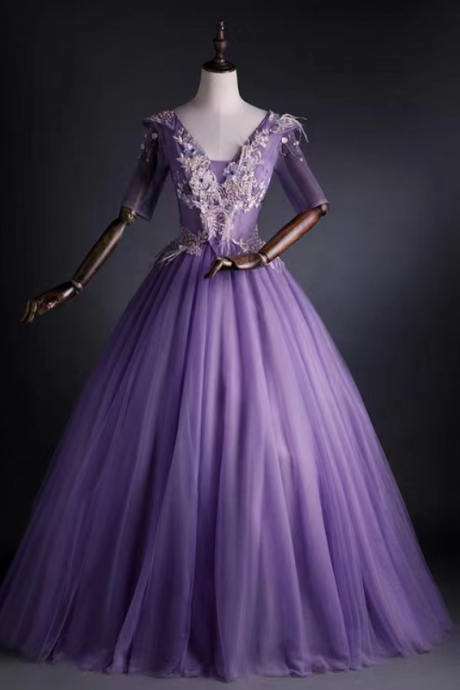 New, purple evening dress, V-neck applique prom dress,Custom Made