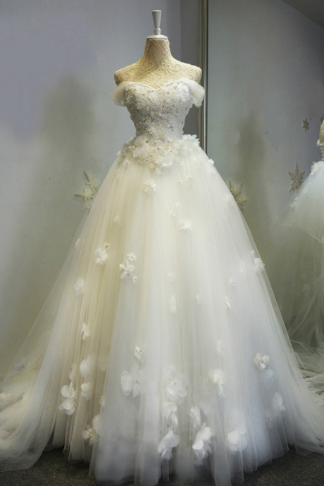 Ivory Wedding Dress, Handmade Flowers Wedding Dress, A Line Wedding Dress, Cap Sleeve Wedding Dress, Crystals Wedding Dress, Vestido De Novia, Cheap Bridal Dresses, Wedding Gowns 