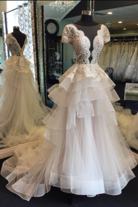 A-line Princess Deep V/Illusion Neck Sleeveless Chapel Train Bridal Dress 