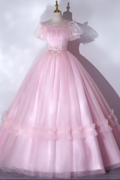 Pink sweet bubble sleeve fluffy skirt birthday party adult ceremony evening dress