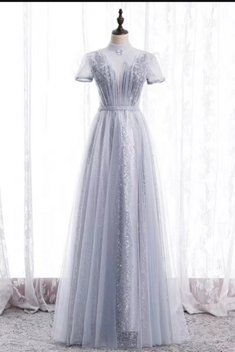 Long Grey Prom Dress, High Collar Temperament Party Dress, Elegant Dress,custom Made