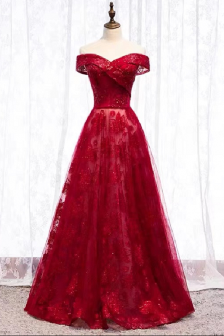 Style, Off Shoulder Prom Dress, Red Lace Glamorous Evening Dress,custom Made
