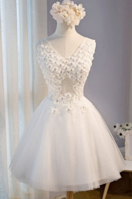 Elegant Tulle Prom Dress, Short Homecoming Dress, White Pearls Prom Gowns