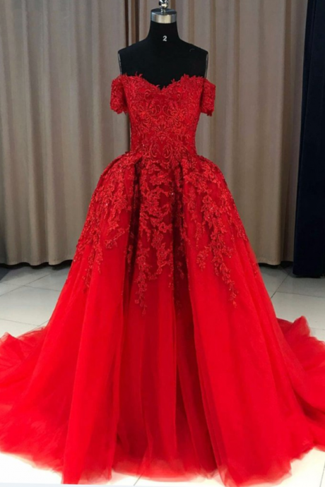 Red Tulle Off Shoulder Strapless Sweep Train Long Evening Dress, Red Lace Appliqués Prom Dress