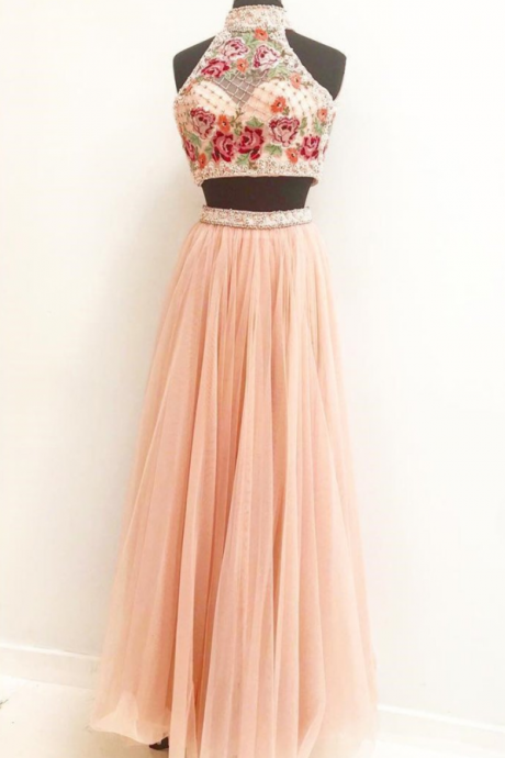 Cute Pink Two Piece Embroidery Strapless Long Prom Dress, Long High Neck Evening Dress