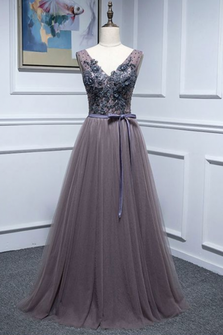 Elegant V Neck Tulle Lace Long Prom Dress, Lace Evening Dress