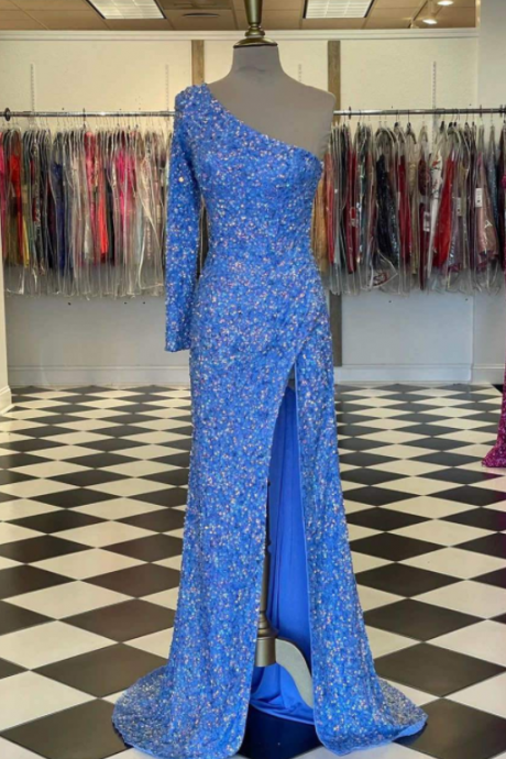 Sparkly Blue Sequind Long Sleeve Prom Dress