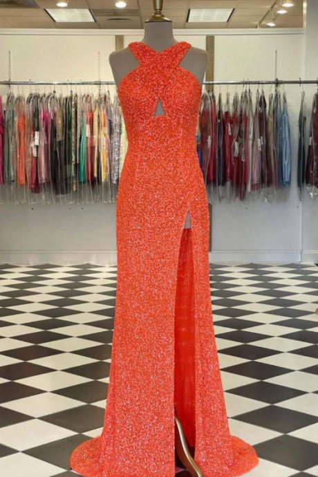 Fitted Criss Coss Neck Orange Prom Dress With Slit