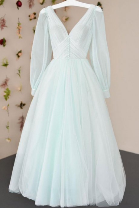 Simple V Neck Tulle Tea Length Prom Dress, Tulle Formal Dress