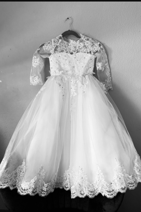 Real Photo White Ivory Tulle Lace Flower Girl Dress With Bow Lace Appliques Long Sleeve For Wedding Birthday Ball Gown First Holy Communion Dresses