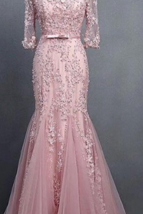 PINK ROUND NECK TULLE LACE MERMAID LONG PROM DRESS, PINK EVENING DRESS