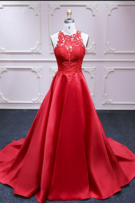 Red Satin Prom Dresses,Formal Dress,A-line Prom Dress, Lace Appliques Evening Dresses