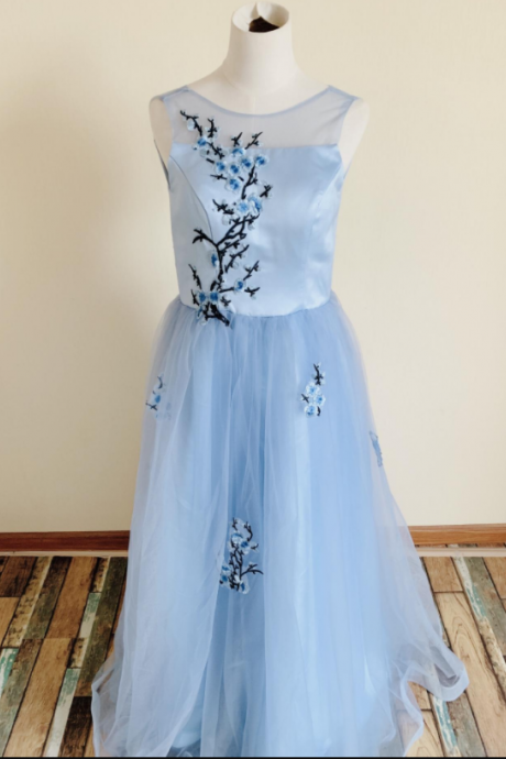 Formal prom dress,light blue party dress,sleeveless prom dress with embroidered,Queenie Prom Unique,Custom Made