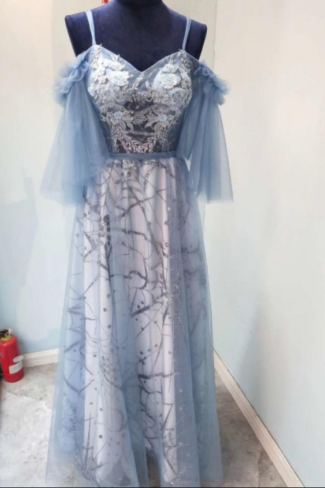 Fairy Blue Sheer Applique Off-the-shoulder Prom Dress