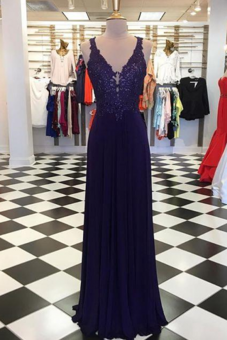 V-neck Long Prom Dresses With Appliques And Beading,formal Dress,dance Dresses,
