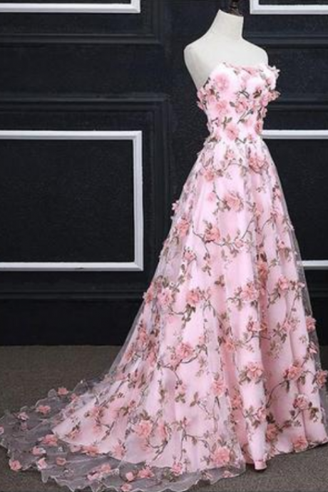 Pink Prom Dresses ,a-line Strapless Evening Dress, 3d Floral Long Prom Dress ,elegant Party Dress