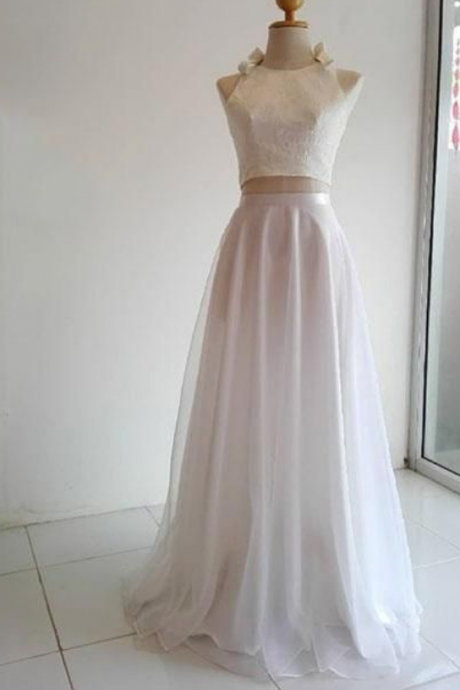 White Two Pieces, Long Prom Dress,sleeveless Evening Dress, Fashion ,custom Made Party Dress