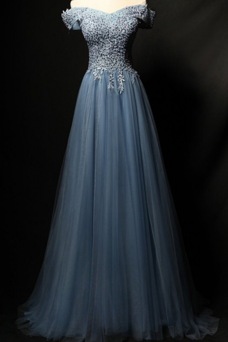 Blue Tulle Lace Long Prom Dress, Blue Tulle Formal Dress