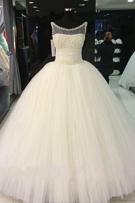 Strapless Scoop Neck Pearl Beaded Tulle Princess Wedding Ball Gown