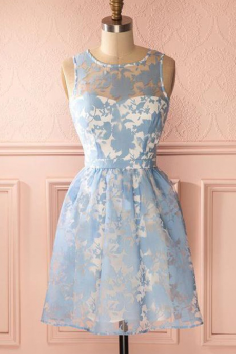Mini Short Prom Dress, Simple blue lace scoop neck short party dress, blue lace fashion dress