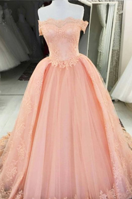 Princess Pink Tulle Off Shoulder Long Prom Dress, Appliques Pink Evening Dress