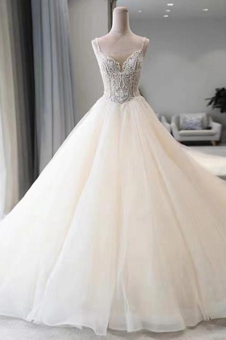 Spaghetti Strap Wedding Dress,romantic Bridal Dess With Big Trailing,custom Made