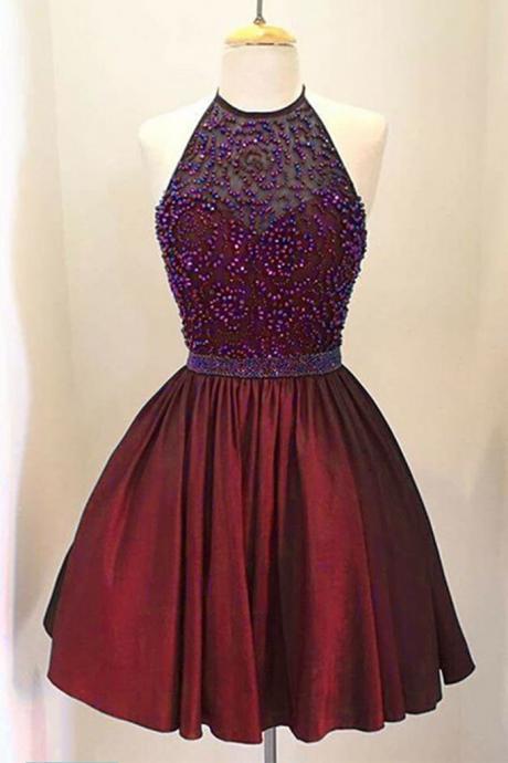 Burgundy Beads Cute Prom Dress, Burgundy Homecoming Dress