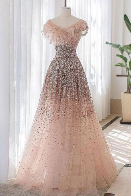 Pink Tulle Sequin Long Prom Dress Pink Tulle Evening Dress