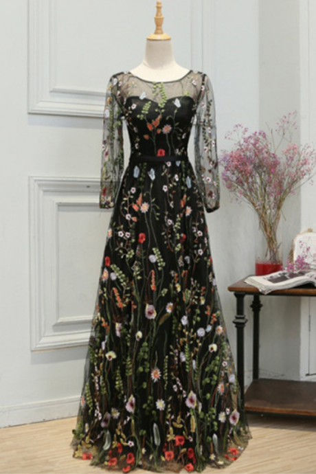 Prom Dresses,princess Embroidered Dress Black Long Banquet Slim Fit Lace Evening Dress Women