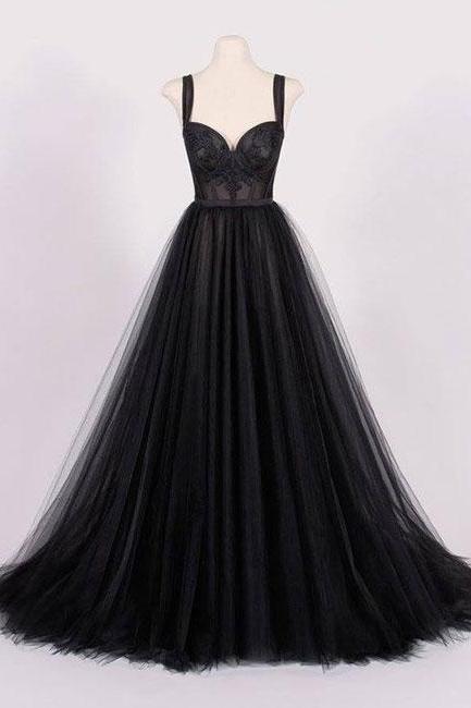 Custom made black tulle long prom dress, black evening dress