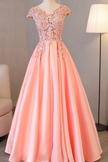 Charming Prom Dress, Cap Sleeve Pink Appliques Long Evening Party Dress