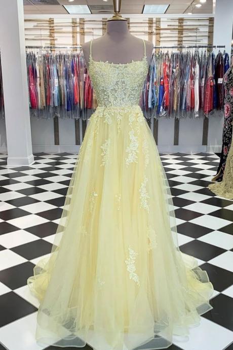 Yellow tulle lace long prom dress yellow lace formal dress