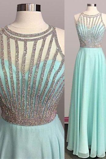 Pretty Jewel Sleeveless Floor Length Mint Green Prom Dress With Beading