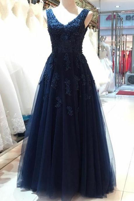 Floor Length V-neck Prom Dress, Open Back Evening Dress, Beautiful Navy Blue Prom Dress