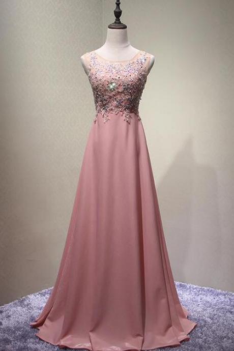 Dark Pink Chiffon and Beaded A-line Round Neckline Junior Prom Dress 2022. Long Evening Dress
