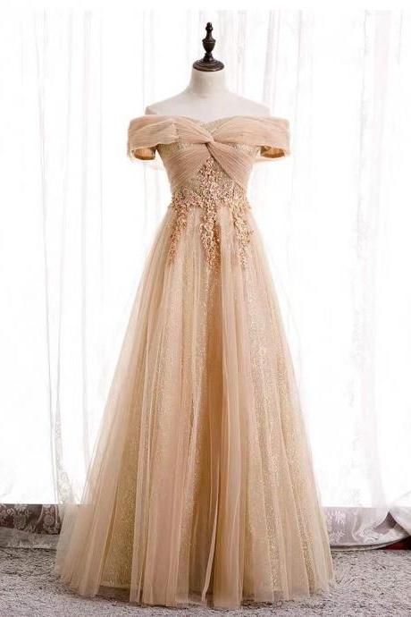 Style, Off-shoulder Prom Gown, Gold Fairy Party Dress,custom Made