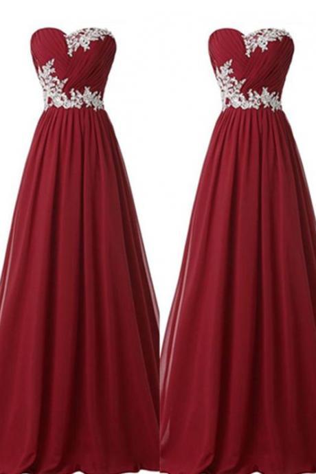 Burgundy Long Chiffon Prom Dress With Lace Appliques, Wine Red Prom Gowns 2017, Party Dresses