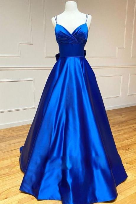 Blue V Neck Satin Long Prom Dress, Blue Evening Dress