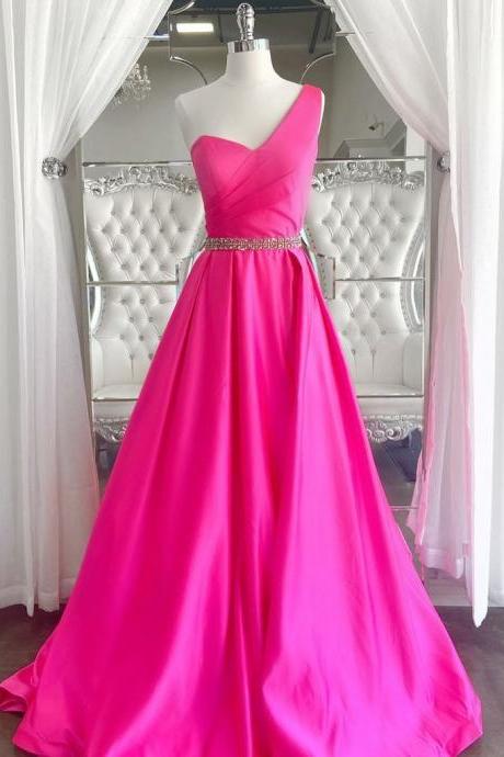 One Shoulder Open Back Pink Long Prom Dresses With Belt, One Shoulder Pink Formal Dresses, Pink Evening Dresses Sp2149