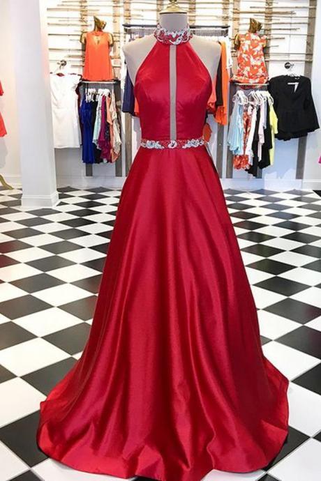 High Neck Long Prom Dresses With Beading,party Dress,evening Dresses