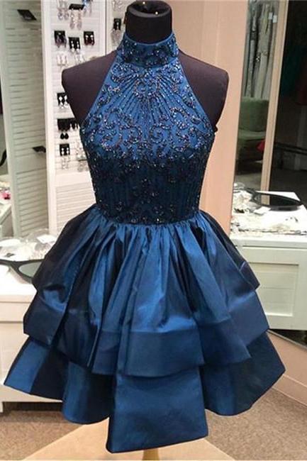 Cute High-Neck Sequin Beaded Short Blue Prom Dresses, Blue Homecoming Dresses