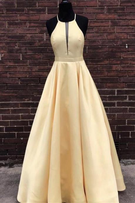 Simple Halter Yellow Satin Long Prom Dresses, Yellow Formal Dresses Long Evening Dresses