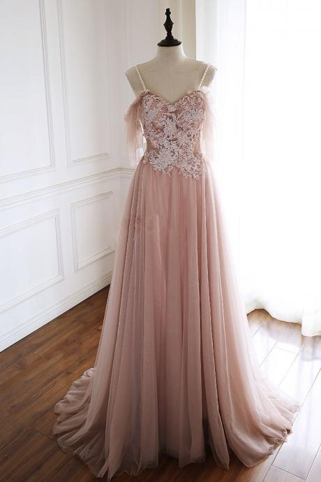 Unique Pink Tulle Lace Long Prom Dress, Pink Evening Dress