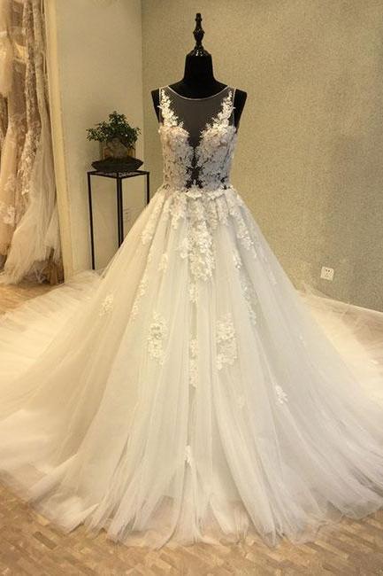 White round neck tulle applique long prom dress, wedding dress