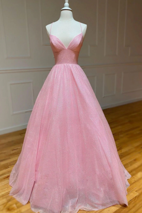 Prom Dresses, V Neck Long Prom Dress, A-line Sequin Tulle Evening Dress