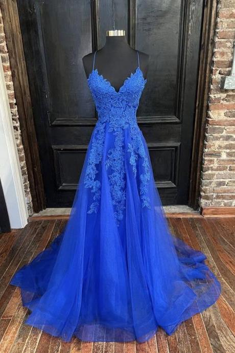 Blue V Neck Tulle Lace Long Prom Dress, Blue Lace Bridesmaid Dress